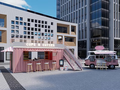 Pink Cafe Kiosk And Coffee Truck With Outdoor Seating Near Modern Buildings 3d model