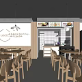 AI Restaurant Interior Featuring Wooden Tables Chairs Open Kitchen White Pendant Lights And Wall Logo