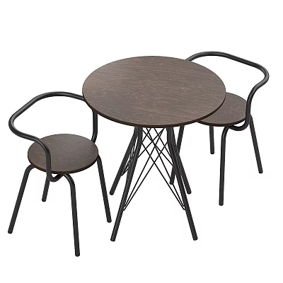Modern Round Wooden Table And Two Chairs Set With Black Metal Legs Design 3d model