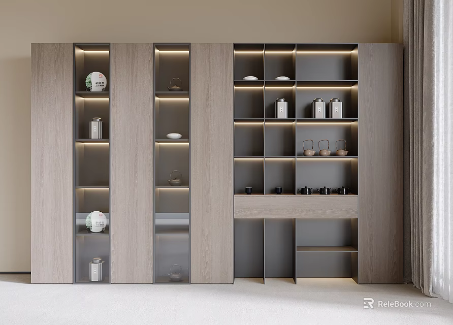 Modern Light Gray Wooden Bookcase With Lighting Design Multiple Compartments And Decorative Items 3d model 