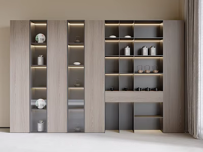 Modern Light Gray Wooden Bookcase With Lighting Design Multiple Compartments And Decorative Items 3d model
