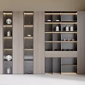 Modern Light Gray Wooden Bookcase With Lighting Design Multiple Compartments And Decorative Items 3d model