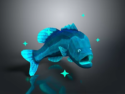 Blue Fish 3D Model With Green Stars On Dark Background And Reflective Surface 3d model