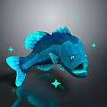 Blue Fish 3D Model With Green Stars On Dark Background And Reflective Surface