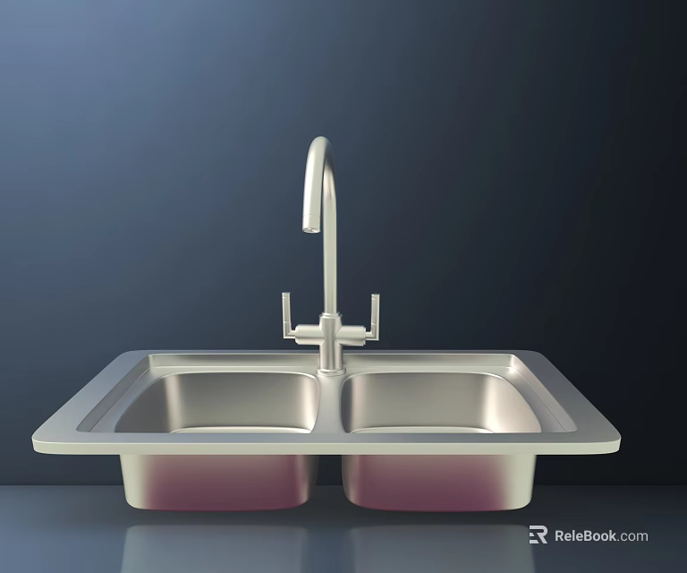 Modern Stainless Steel Double Bowl Kitchen Sink With Faucet Fixture 3d model 