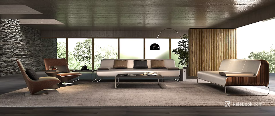 Modern Living Room Interior With White Sofa Glass Coffee Table Large Windows And Indoor Plant 3d model 