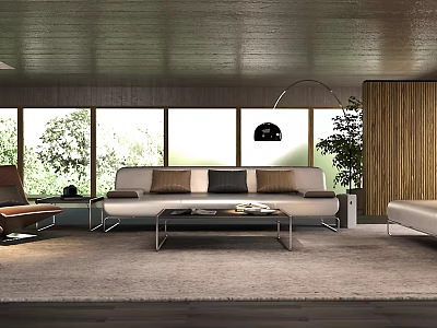 Modern Living Room Interior With White Sofa Glass Coffee Table Large Windows And Indoor Plant 3d model