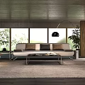 Modern Living Room Interior With White Sofa Glass Coffee Table Large Windows And Indoor Plant