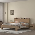 Natural Solid Wood Double Bed With Storage Headboard For Cozy Minimalist Bedroom Interior