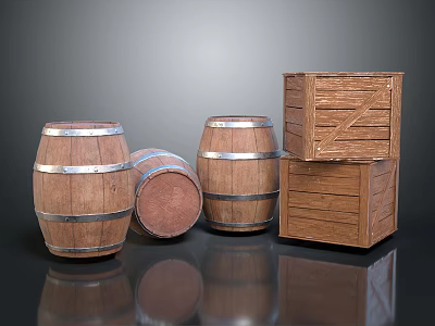 Vintage Wooden Barrels With Metal Hoops And Stacked Wooden Crates 3d model