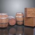 Vintage Wooden Barrels With Metal Hoops And Stacked Wooden Crates