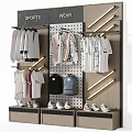 Men's Sports Apparel Display With Various Clothes Backpacks And Shoes On Racks