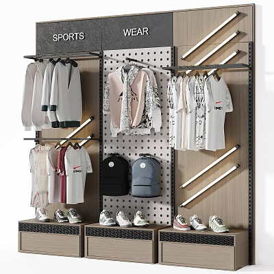 Men's Sports Apparel Display With Various Clothes Backpacks And Shoes On Racks 3d model