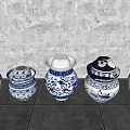 Blue And White Ceramic Vessels With Traditional Patterns Arranged In A Row 3d model