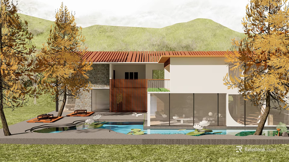 Scenic Mountain View Guesthouse Building With Red Roof White Walls Wooden Door And Swimming Pool 3d model 