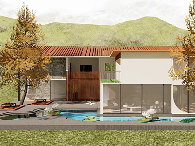 Scenic Mountain View Guesthouse Building With Red Roof White Walls Wooden Door And Swimming Pool 3d model