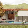 Scenic Mountain View Guesthouse Building With Red Roof White Walls Wooden Door And Swimming Pool