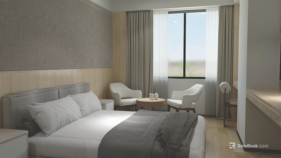 Modern Hotel Guest Room Interior With Cozy Bed Large Window Gray Curtains And White Chairs 3d model 