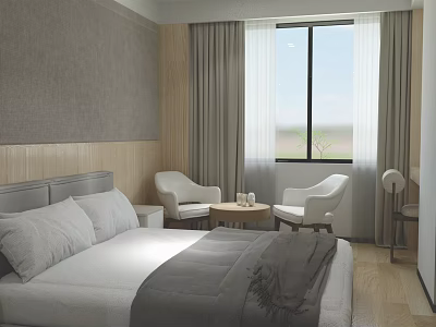 Modern Hotel Guest Room Interior With Cozy Bed Large Window Gray Curtains And White Chairs 3d model