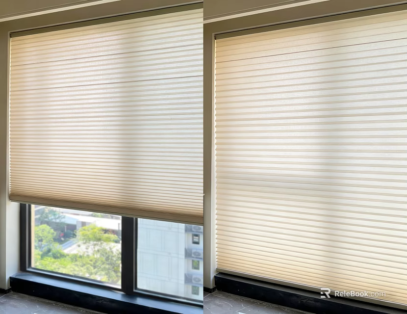 Beige Window Blinds Filtering Sunlight For Bright Room With Outdoor Green View 3d model 