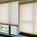 Beige Window Blinds Filtering Sunlight For Bright Room With Outdoor Green View