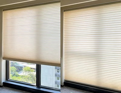 Beige Window Blinds Filtering Sunlight For Bright Room With Outdoor Green View 3d model