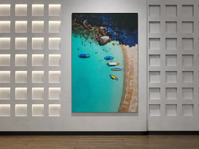 Coastal Beach Painting With Turquoise Water Small Boats Sandy Shore On White Wall Wooden Floor 3d model