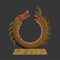 Intricate Dragon Head Sculpture With Curved Body Red Green Scales And Yellow Base Design