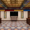 Traditional Chinese Conference Room With Ornate Ceiling Patterned Floor Tiles And Wooden Windows