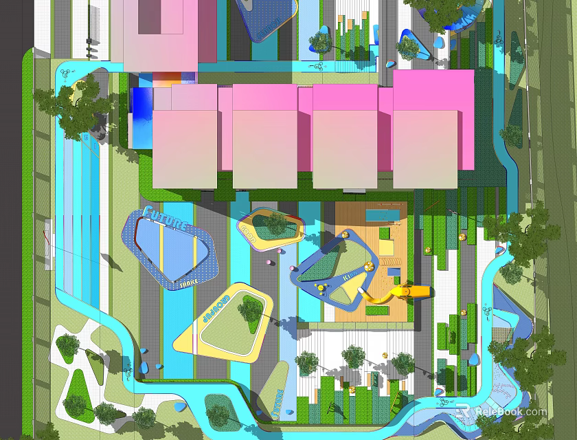 Garden Landscape Design With Colorful Buildings Water Features And Green Spaces 3d model 
