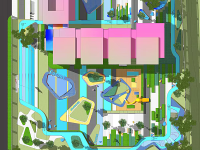 Garden Landscape Design With Colorful Buildings Water Features And Green Spaces 3d model
