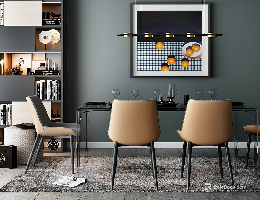Modern Dining Set With Dark Table Beige Chairs Pendant Light And Fruit Wall Art 3d model
