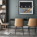 Modern Dining Set With Dark Table Beige Chairs Pendant Light And Fruit Wall Art 3d model