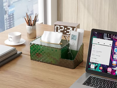 Daily Necessities On Wooden Tabletop With Tissue Box Pencil Holder And Laptop 3d model