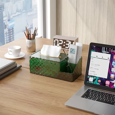 Daily Necessities On Wooden Tabletop With Tissue Box Pencil Holder And Laptop 3d model