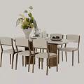 Dining Table Set With Six Light Wood Upholstered Chairs Marble Top And Floral Arrangement
