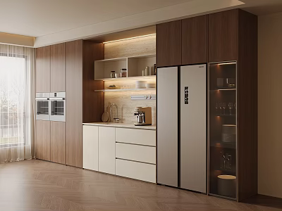Modern Kitchen Sideboard With Wooden Storage Cabinets Glass Doors And Built In Lighting 3d model