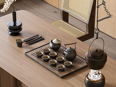 Traditional Teaset Featuring Teapot Teacups And Wooden Tray On Wooden Table With Vase 3d model