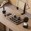 Traditional Teaset Featuring Teapot Teacups And Wooden Tray On Wooden Table With Vase