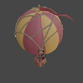 Colorful Red And Yellow Striped Hot Air Balloon With Wicker Basket