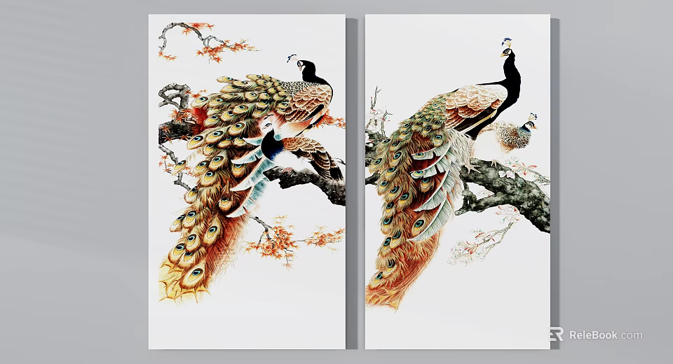 Vibrant Peacocks Perched On Branches With Floral Details In Traditional Wall Art 3d model 