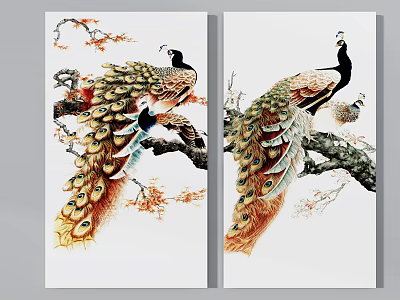 Vibrant Peacocks Perched On Branches With Floral Details In Traditional Wall Art 3d model