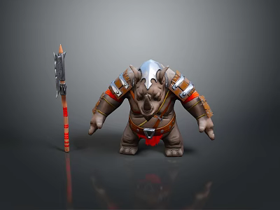 Armored Rhino Warrior Fantasy Game Character With Spiked Axe And Leather Armor Red Accents 3d model