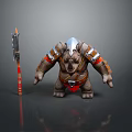 Armored Rhino Warrior Fantasy Game Character With Spiked Axe And Leather Armor Red Accents