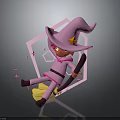 Pink Witch Character Flying On Broomstick With Stars And Geometric Shapes