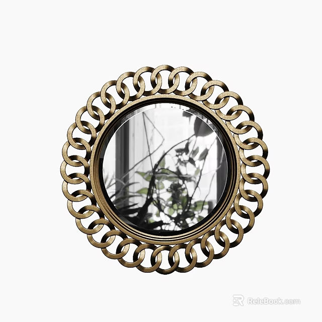 Round Golden Frame Mirror With Intricate Circular Pattern Reflecting Green Plant Shadows 3d model 