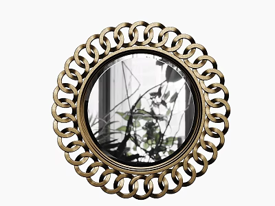 Round Golden Frame Mirror With Intricate Circular Pattern Reflecting Green Plant Shadows 3d model