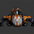 Astronaut In Orange Black Spacesuit With Helmet Standing On Dark Reflective Floor