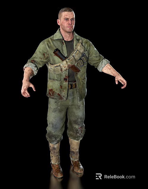Man In Bloodstained Green Military Uniform With Worn Tactical Vest And Gun 3d model 