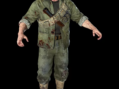 Man In Bloodstained Green Military Uniform With Worn Tactical Vest And Gun 3d model